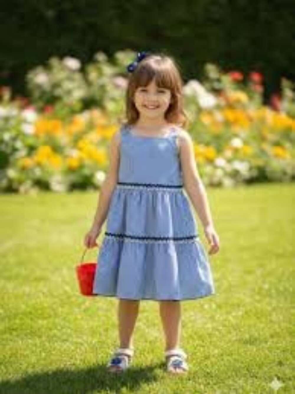 CREWCUTS x J. CREW Girls Blue White Pinstripe Rickrack Tiered Sundress 7